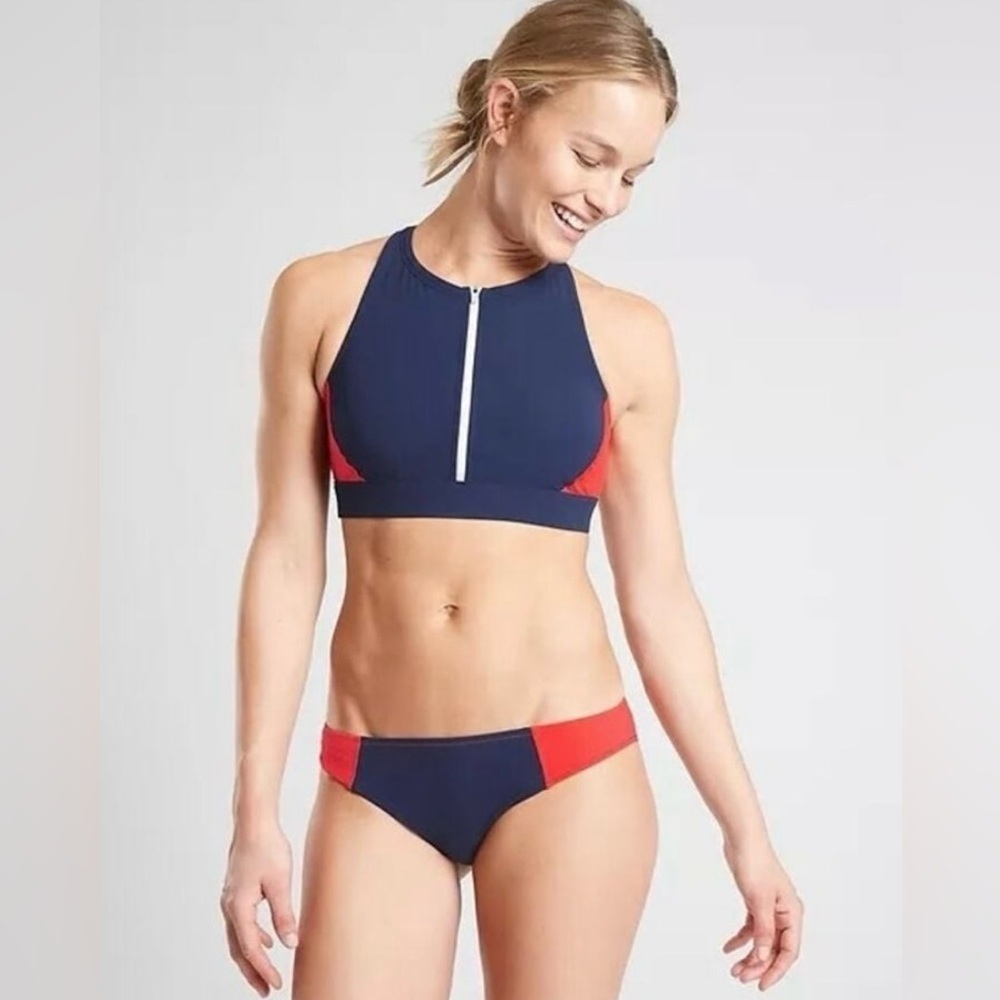 Athleta Colorblock Zip Front Bikini Set Navy Deep Orange Sz Small